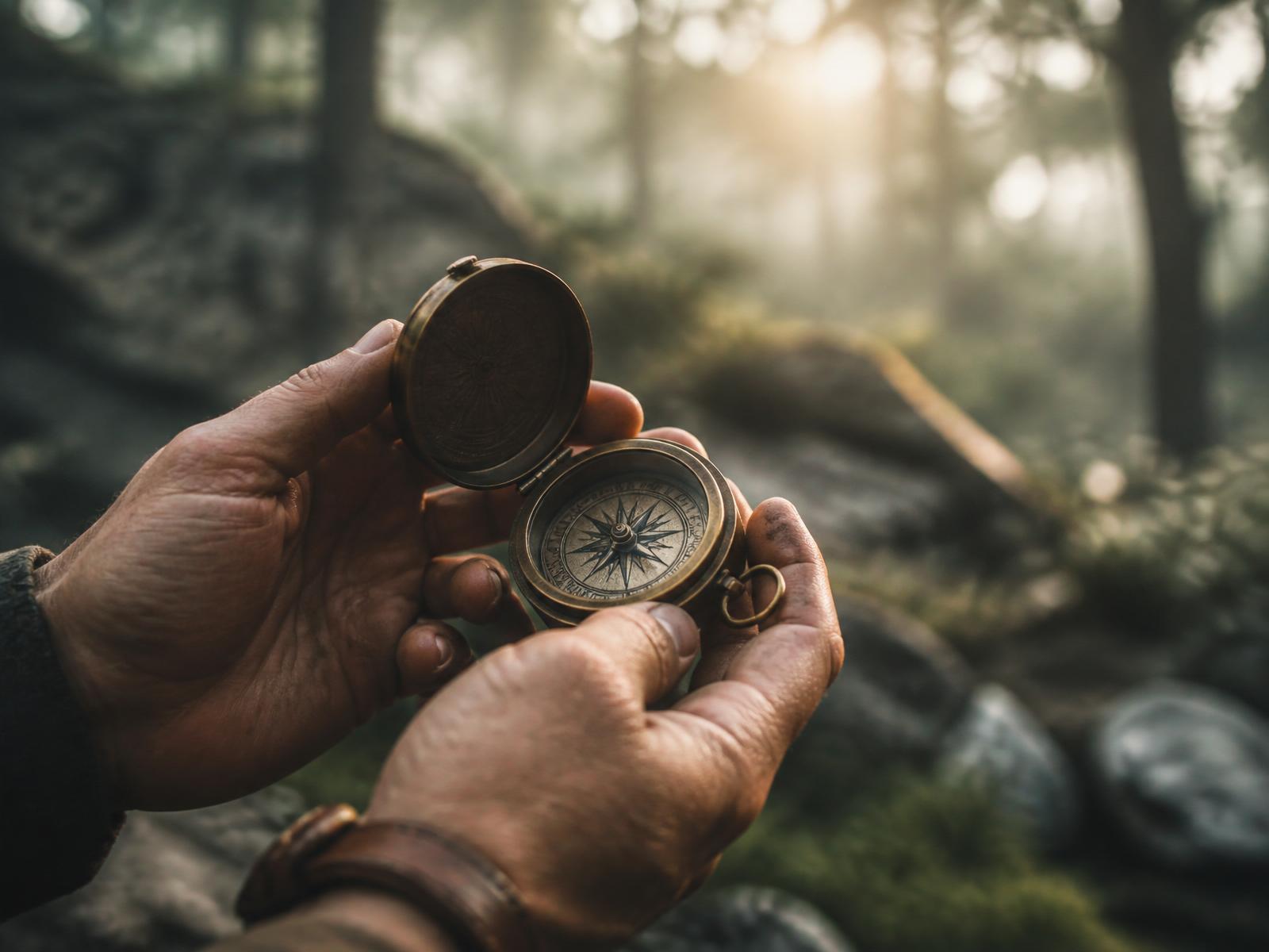 Weathered hands holding an open brass compass in a misty forest