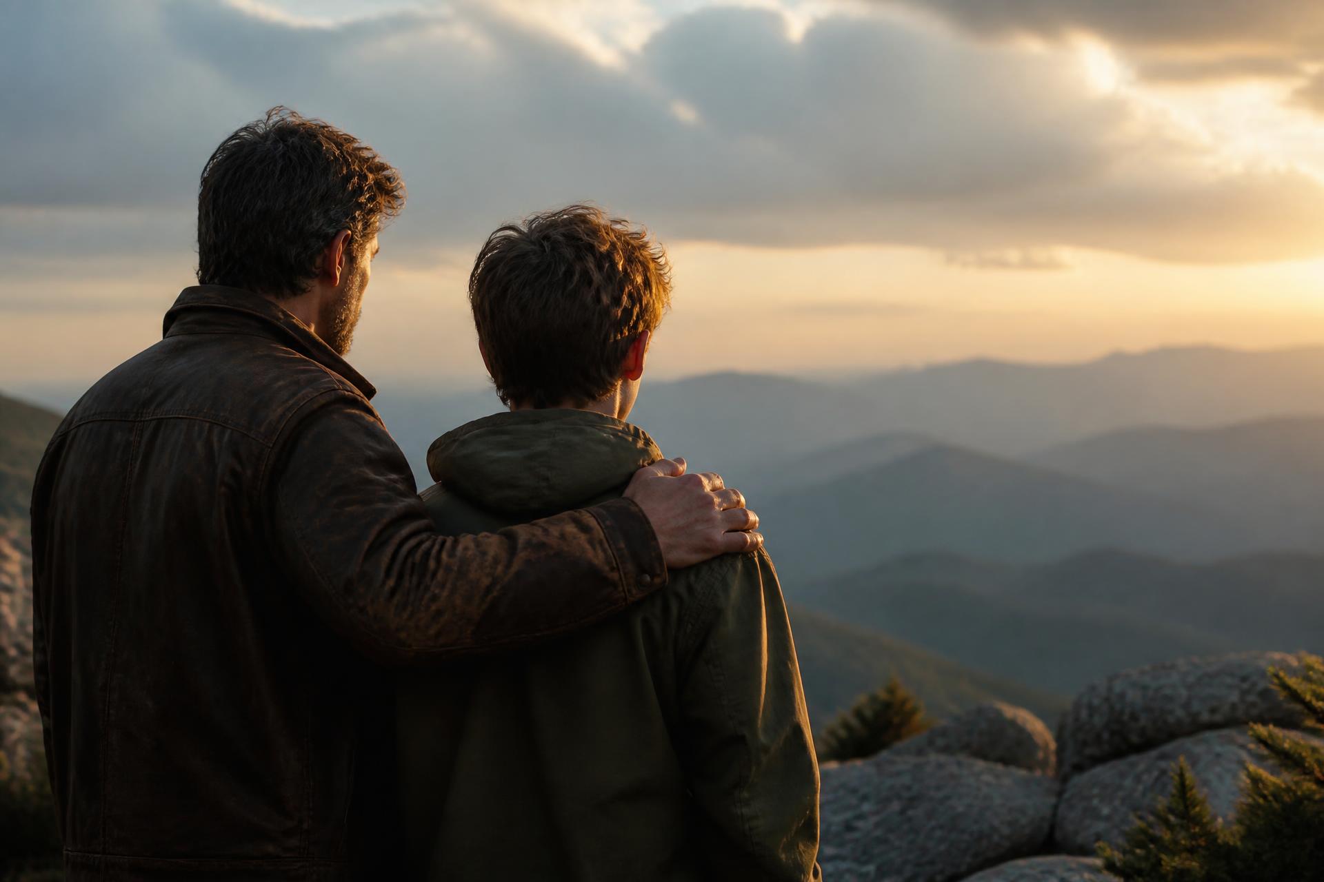 A father with his hand resting on his son's shoulder, overlooking a mountain range at sunset