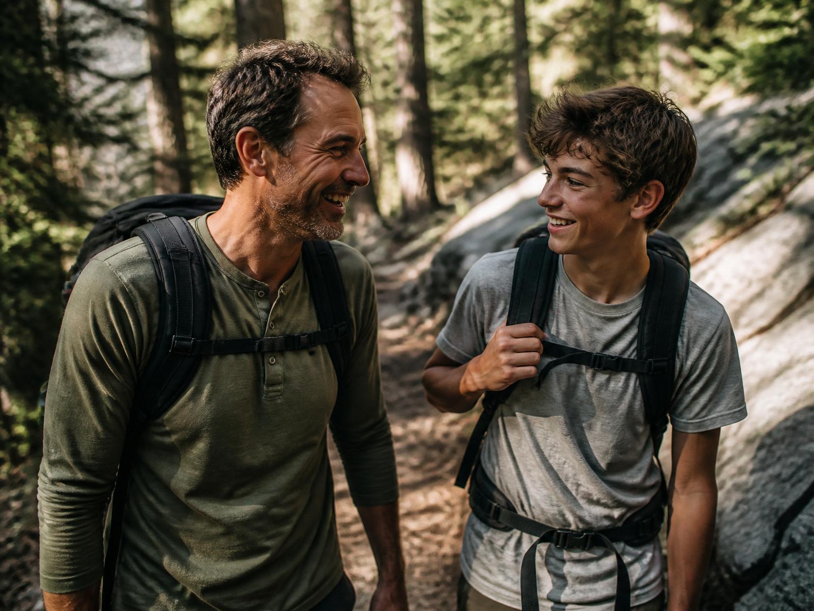 Father and teenage son laughing together on a wooded mountain trail