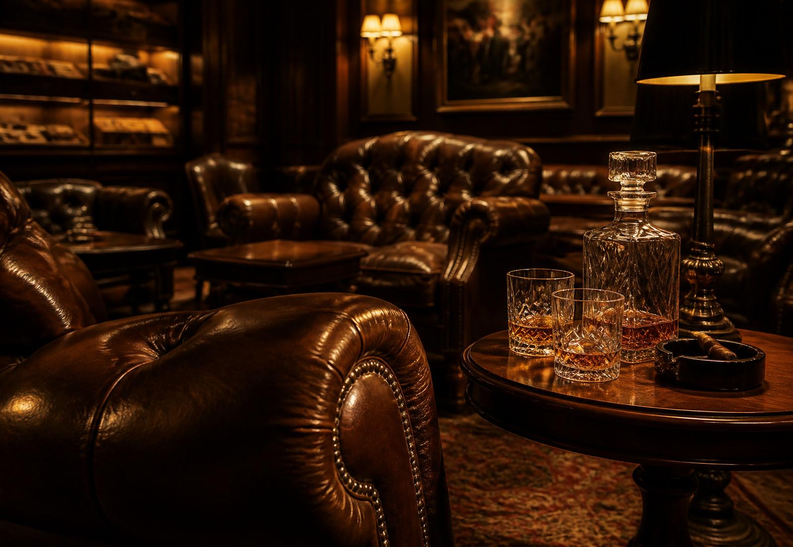 A warmly lit premium cigar lounge with leather chairs